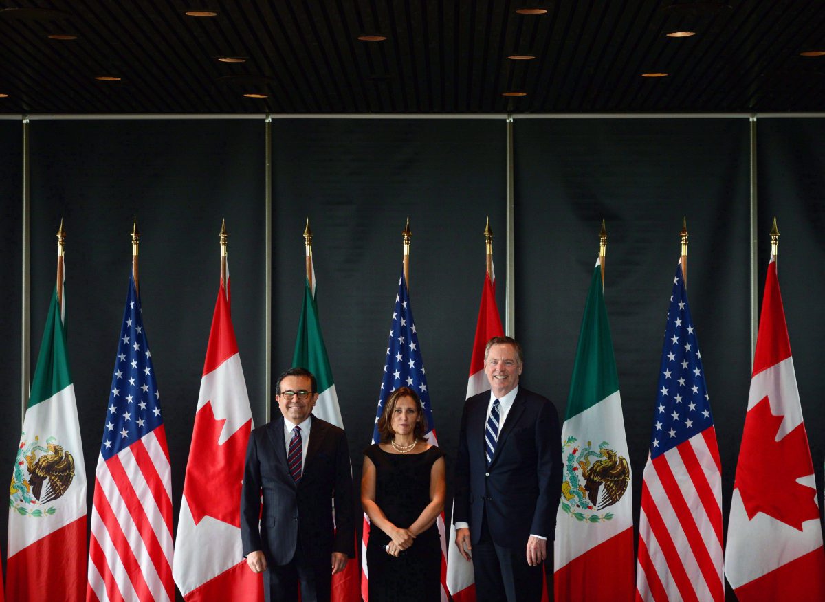 Minister of Foreign Affairs Chrystia Freeland meets for a trilateral meeting with Mexico's Secretary of Economy Ildefonso Guajardo Villarreal, left, and Ambassador Robert E. Lighthizer, United States Trade Representative, during the final day of the third round of NAFTA negotiations at Global Affairs Canada in Ottawa on Wednesday, Sept. 27, 2017.