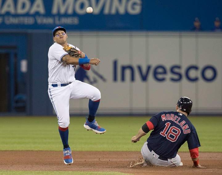 Boston Red Sox's Mitch Moreland is out at second base as Toronto Blue Jays Yangervis Solarte turns the double play in fourth inning American League MLB baseball action in Toronto on Friday May 11, 2018. 