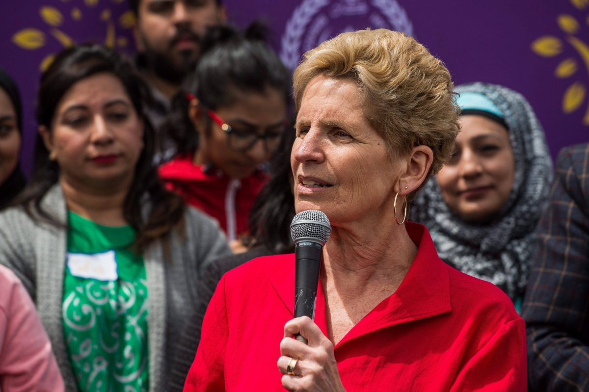 Ontario Liberal leader Kathleen Wynne speaks at the Muslim Welfare Centre during a celebration for their 25th anniversary in Toronto on May 12.