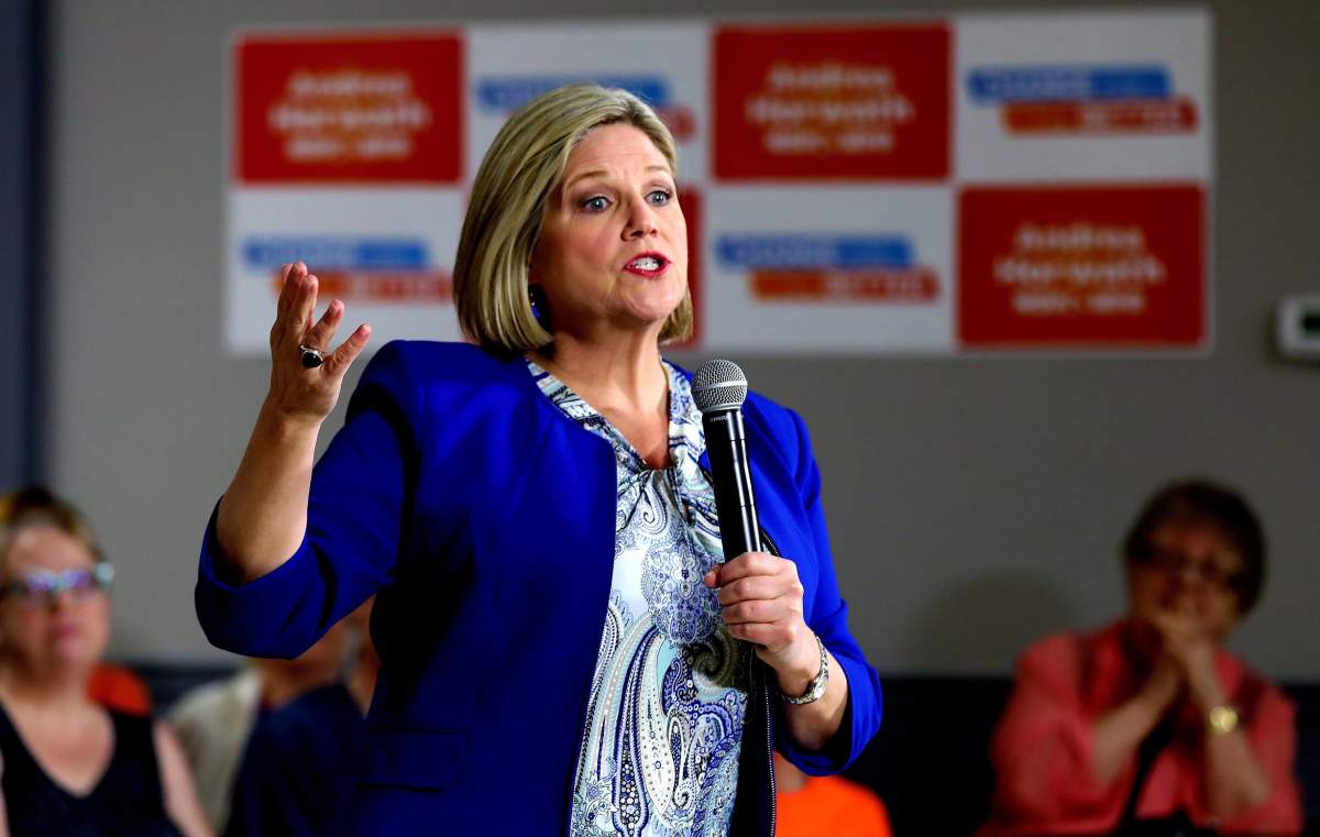 Ontario NDP Leader Andrea Horwath makes a point during a townhall on health care in Sarnia, Ont., on May 14. THE CANADIAN PRESS/Colin Perkel