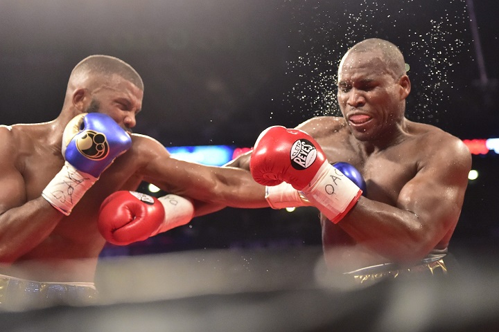 Adonis Stevenson, right, and Badou Jack exchange blows during their WBC light-heavyweight championship boxing match in Toronto on Saturday, May 19, 2018. 
