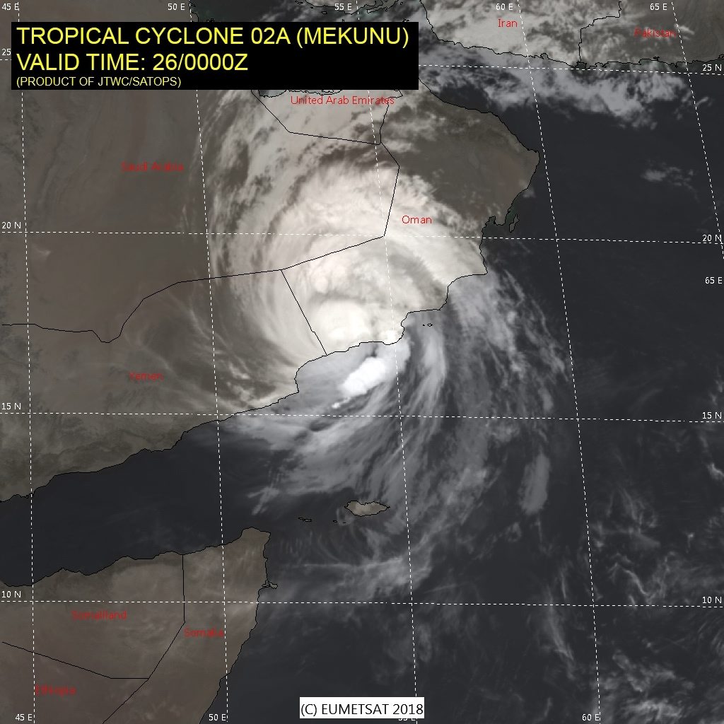 This satellite image provided by the U.S. Navy’s Joint Typhoon Warning Center shows Cyclone Mekunu in the Arabian Sea as it hits Oman on Saturday, May 26, 2018. 