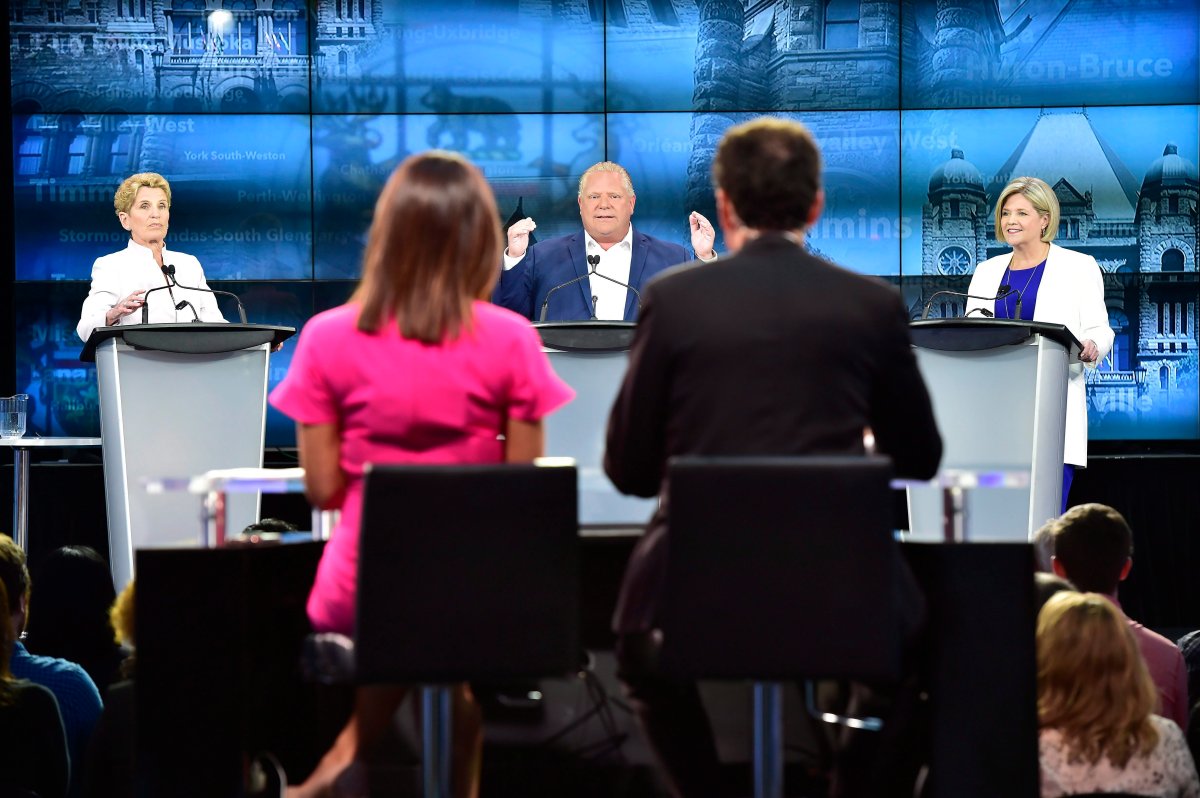 Ontario Liberal Leader Kathleen Wynne, left to right, Ontario Progressive Conservative Leader Doug Ford and Ontario NDP Leader Andrea Horwath participate during the third and final televised debate of the provincial election campaign in Toronto, Sunday, May 27, 2018. T.