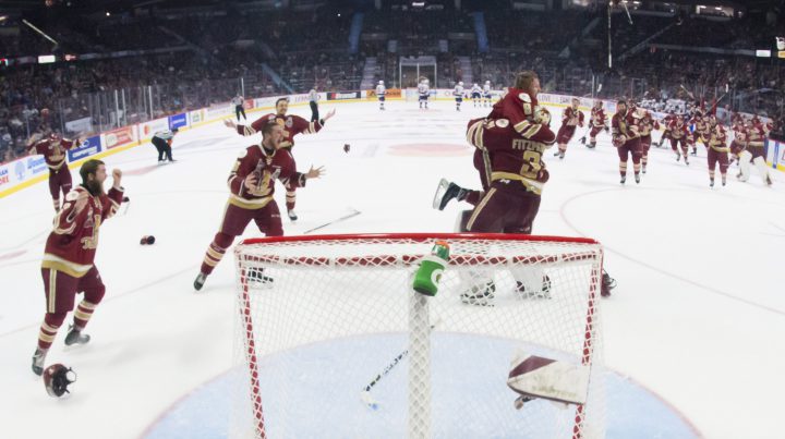 The Acadie-Bathurst Titan celebrate their win over the Regina Pats following the Memorial Cup final in Regina on Sunday, May 27, 2018. 