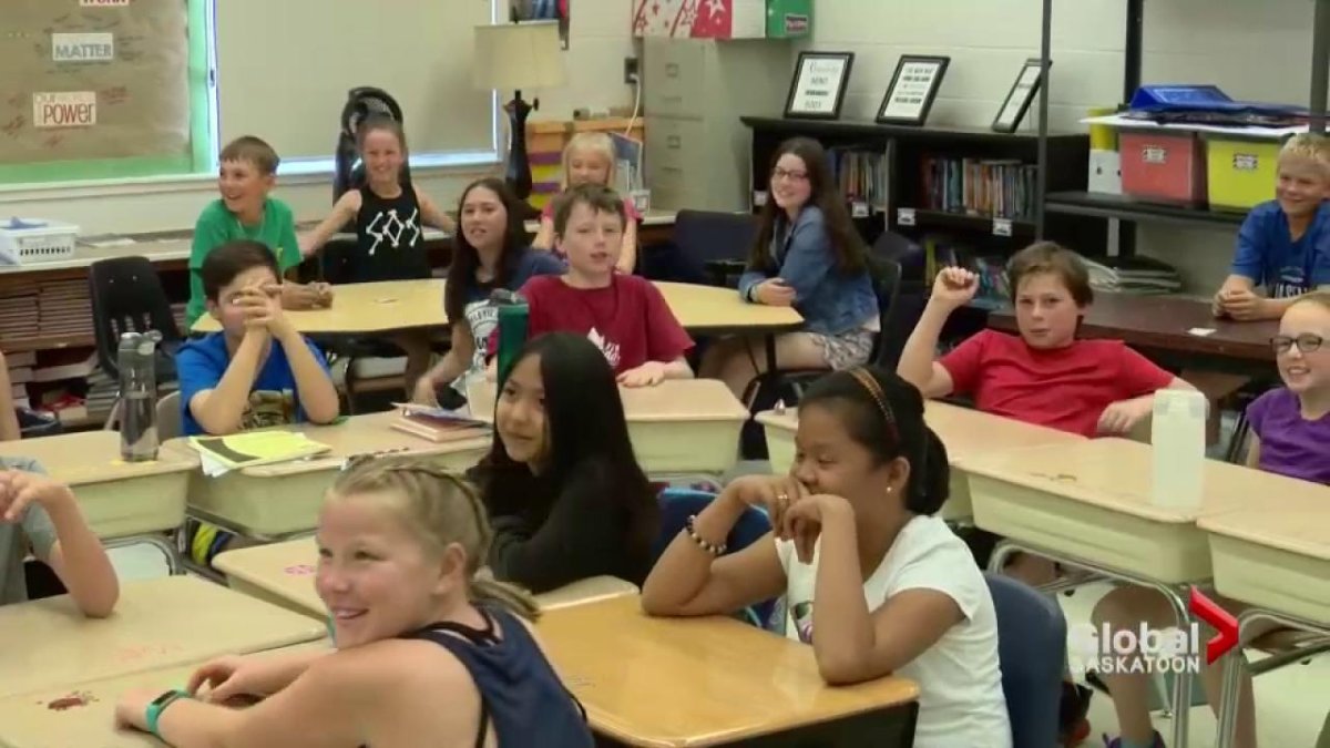 Meteorologist Peter Quinlan travels to Watrous Elementary School where some excited students participated in his weather school.