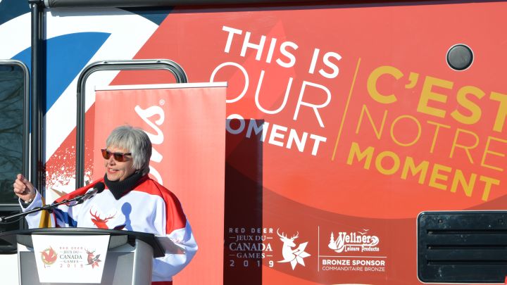 Lyn Radford speaking at the announcement of the 2019 Canada Winter Games.