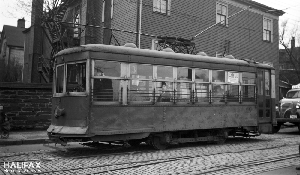 A Halifax tram car on Route 3 to Gottingen St. stopped at the Car Stop on Barrington Street. Photo is dated to between 1947 and 1949.