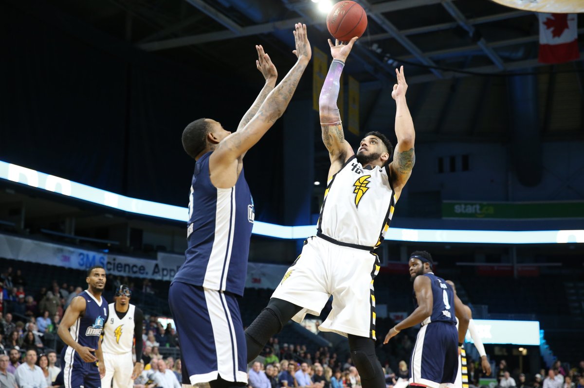 Julian Boyd of the London Lightning goes up for a shot in a game against the Halifax Hurricanes in the 2018 NBL Canada championship. 
