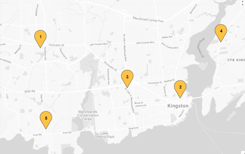 A map shows the five locations where Kingstonians can go to vote in advance for the provincial election.