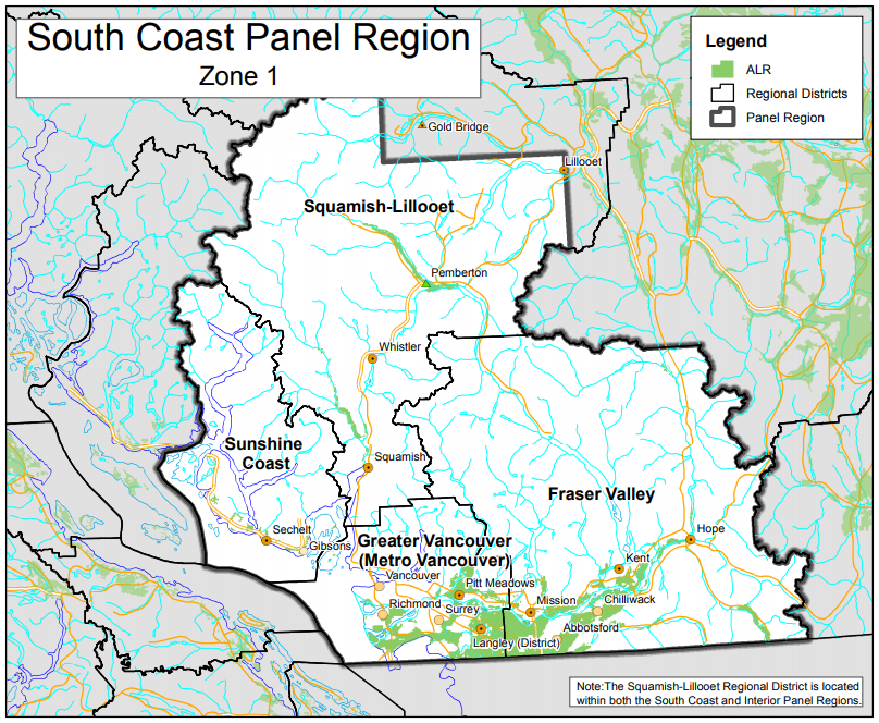 A map of the South Coast region of B.C.’s Agricultural Land Reserve.