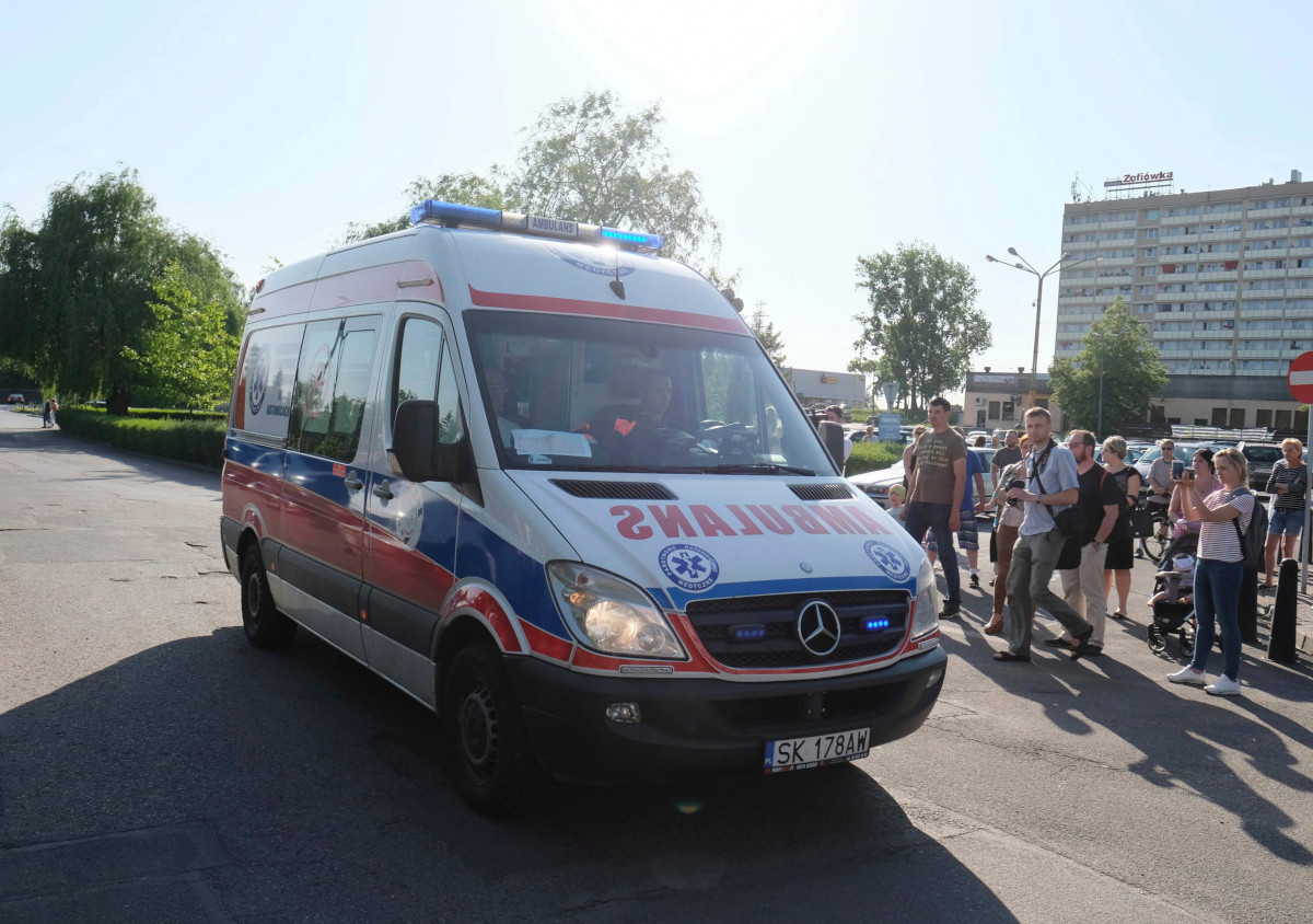 An ambulance arriving  after a tremor at the Zofiowka coal mine in Jastrzebie-Zdroj in southern Poland, on Saturday, May 5 , 2018. 