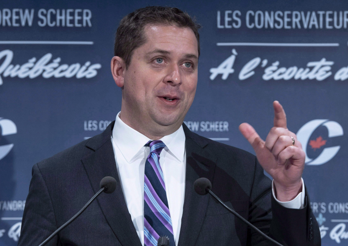 Conservative Leader Andrew Scheer responds to a question during a news conference in Montreal on April 19, 2018. 
