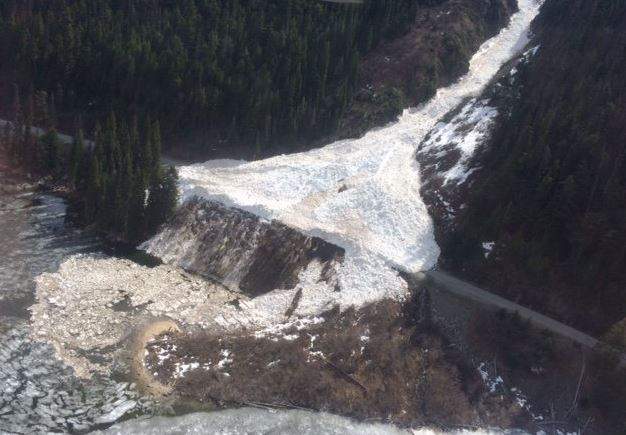 An aerial view of the avalanche that closed Highway 99.
