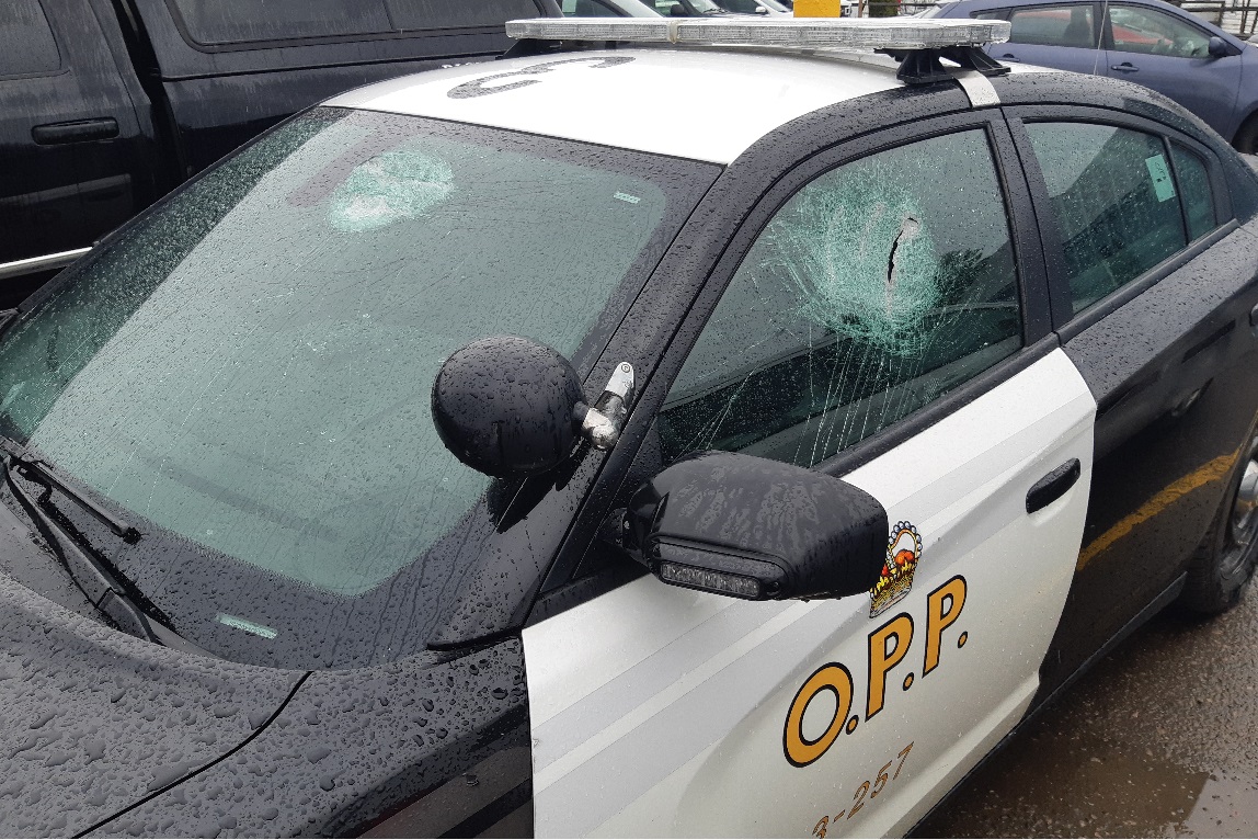 The windows of this OPP cruiser in Bancroft were smashed sometime Wednesday evening or early Thursday.