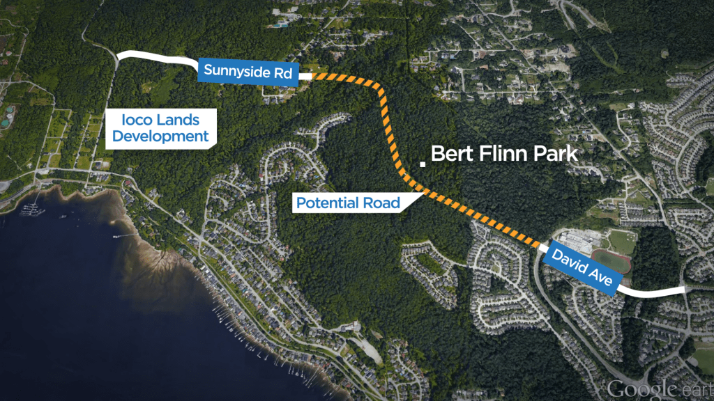 Forested hiking trail at Bert Flinn Park in Port Moody with tall trees and natural paths
