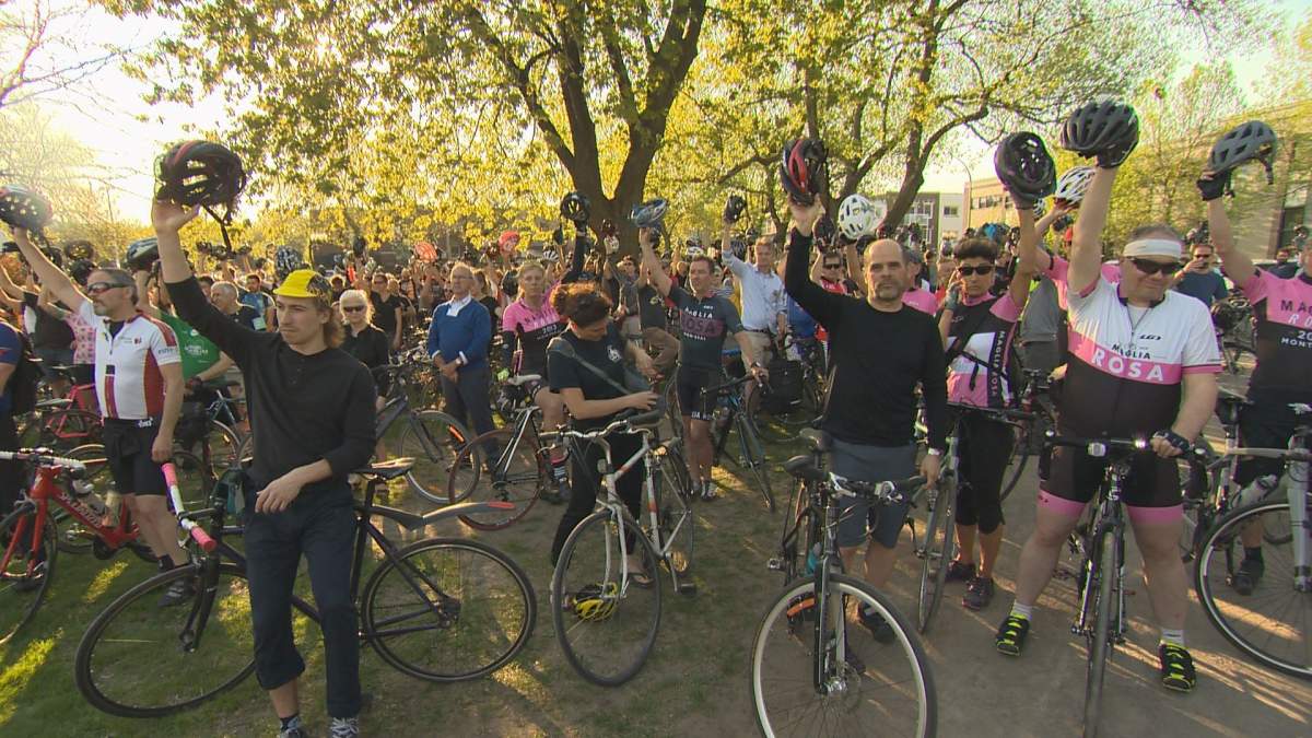 Cyclists take off their helmets as they pay tribute to those who lost their lives on the road.
