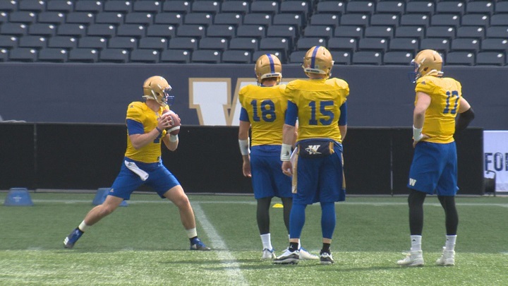 The four quarterbacks on the Blue Bombers' roster take part in rookie camp on Thursday.