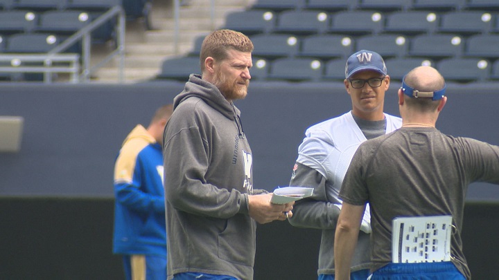 Winnipeg Blue Bombers head coach Mike O'Shea oversees the team's walk through on Thursday at Investors Group Field.