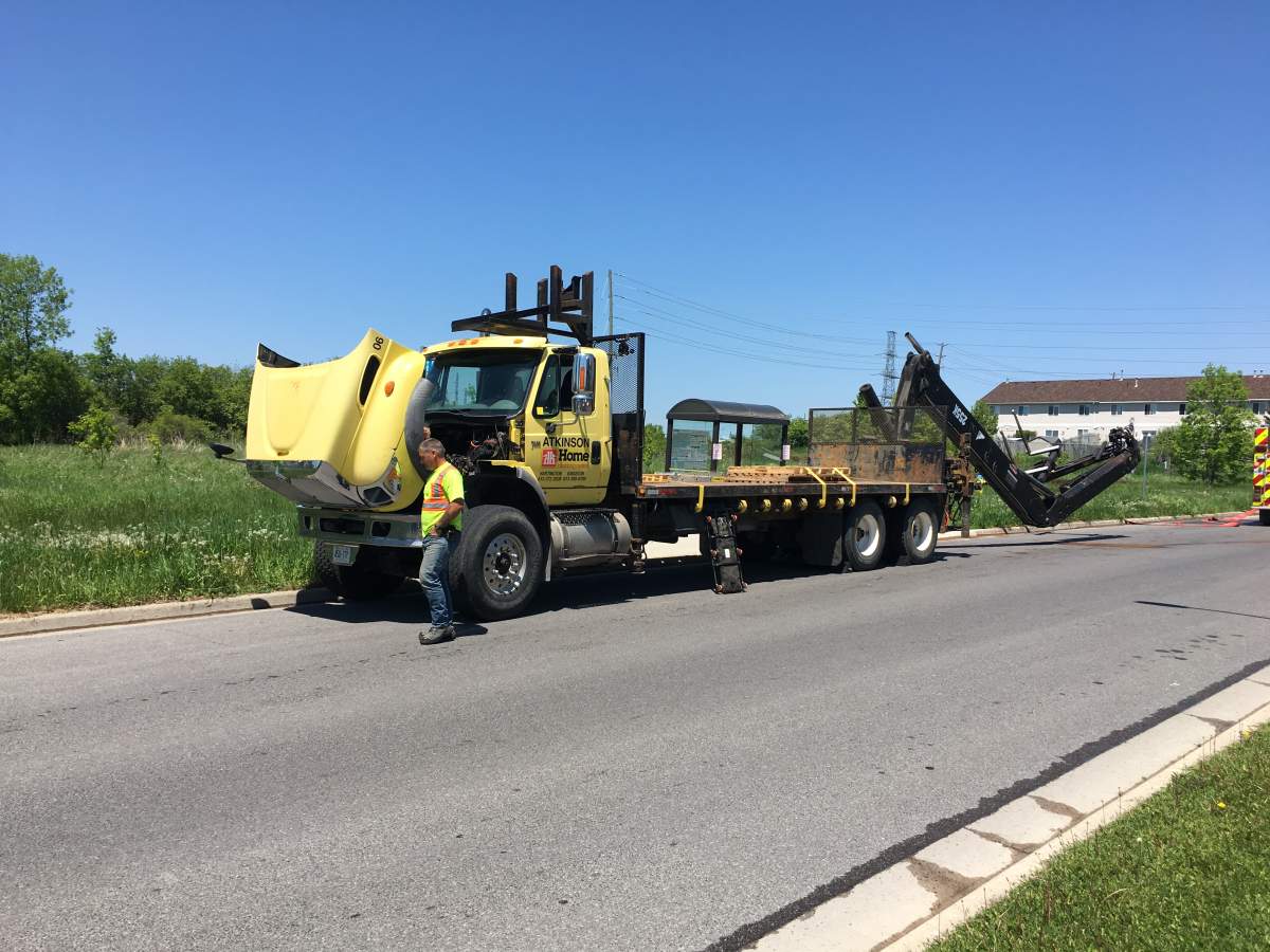 A photo of the truck that ran into four power lines in Kingston on Tuesday.
