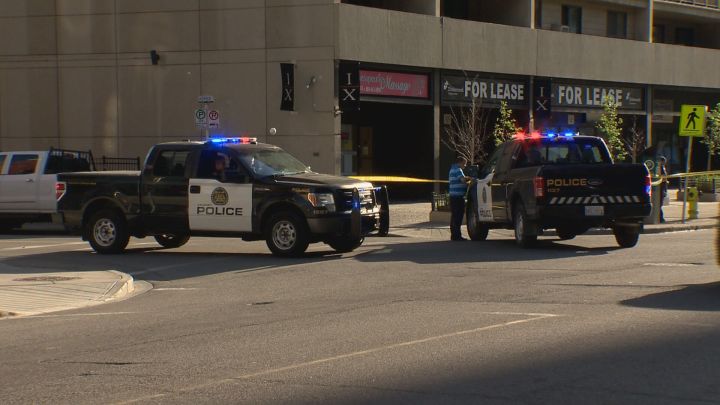 Calgary police investigate a stabbing in the 100-block of 10 Avenue S.W. on May 22, 2018.