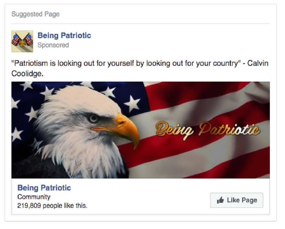 This ad, aimed at an audience of American hyperpatriots, was paid for in rubles.   