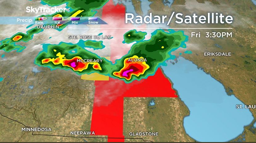A tornado warning was in effect for parts of Manitoba near southwest Lake Manitoba.