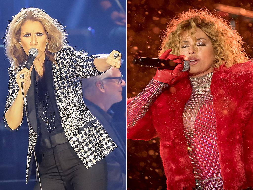Celine Dion performs in Nice, Italy in 2017 and Shania Twain performs at a 2017 New Year's Eve celebration.