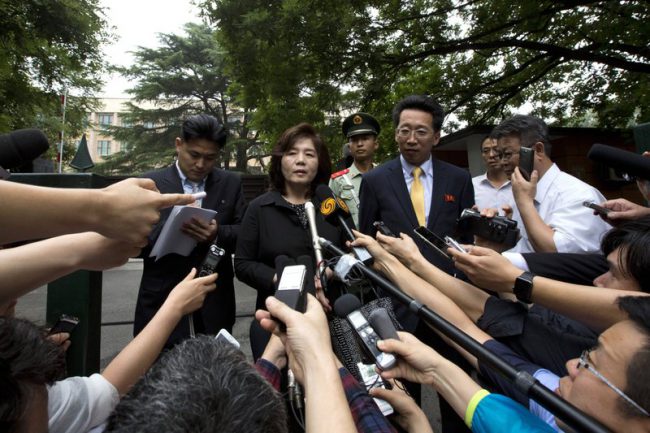In this June 23, 2016 file photo, Choe Son Hui briefs journalists outside the North Korean embassy in Beijing.