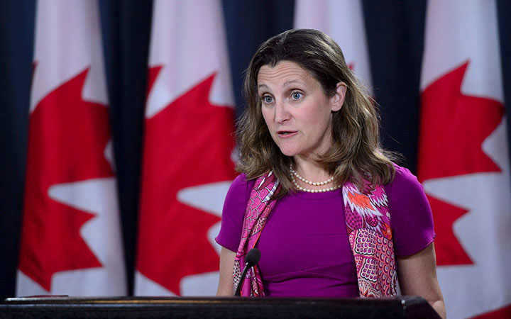 Foreign Affairs Minister Chrystia Freeland holds a media availability at the National Press Theatre in Ottawa on Wednesday, May 23, 2018. 