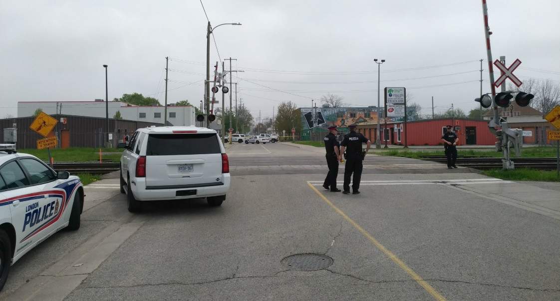 London Police on scene, after a man was struck by a train at the Maitland Street rail crossing Monday. 