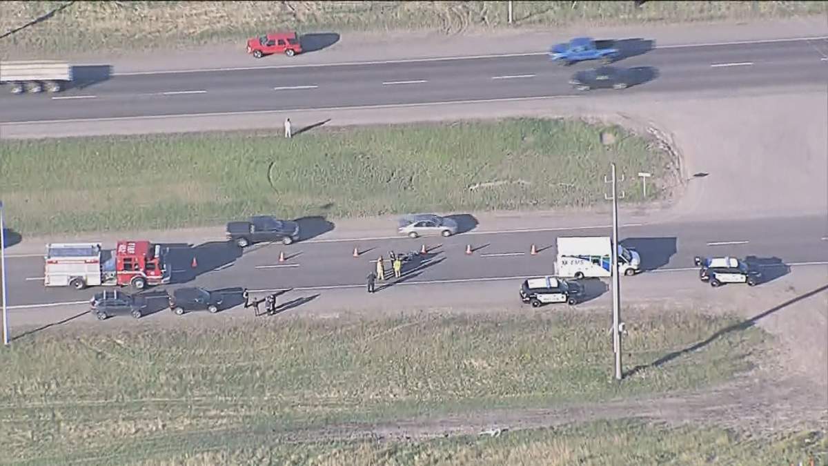 Edmonton police investigating a collision on Yellowhead Trail, between Victoria Trail and 50 Street, where a SUV is believed to have sideswiped a motorcycle before leaving the scene. Monday, May 28, 2018.