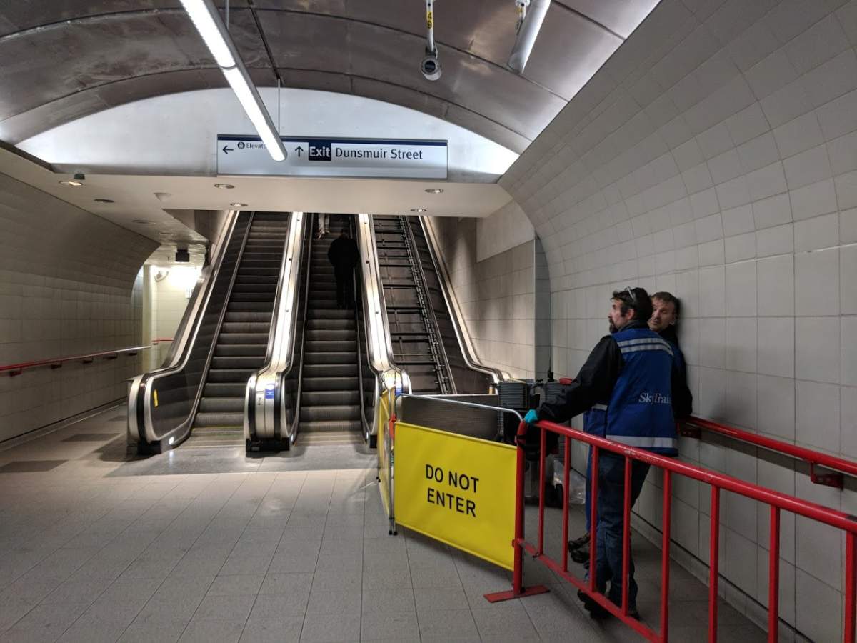 Crews conduct proactive maintenance on the Dunsmuir escalators in preparation for the ‘Big 3’ being offline.