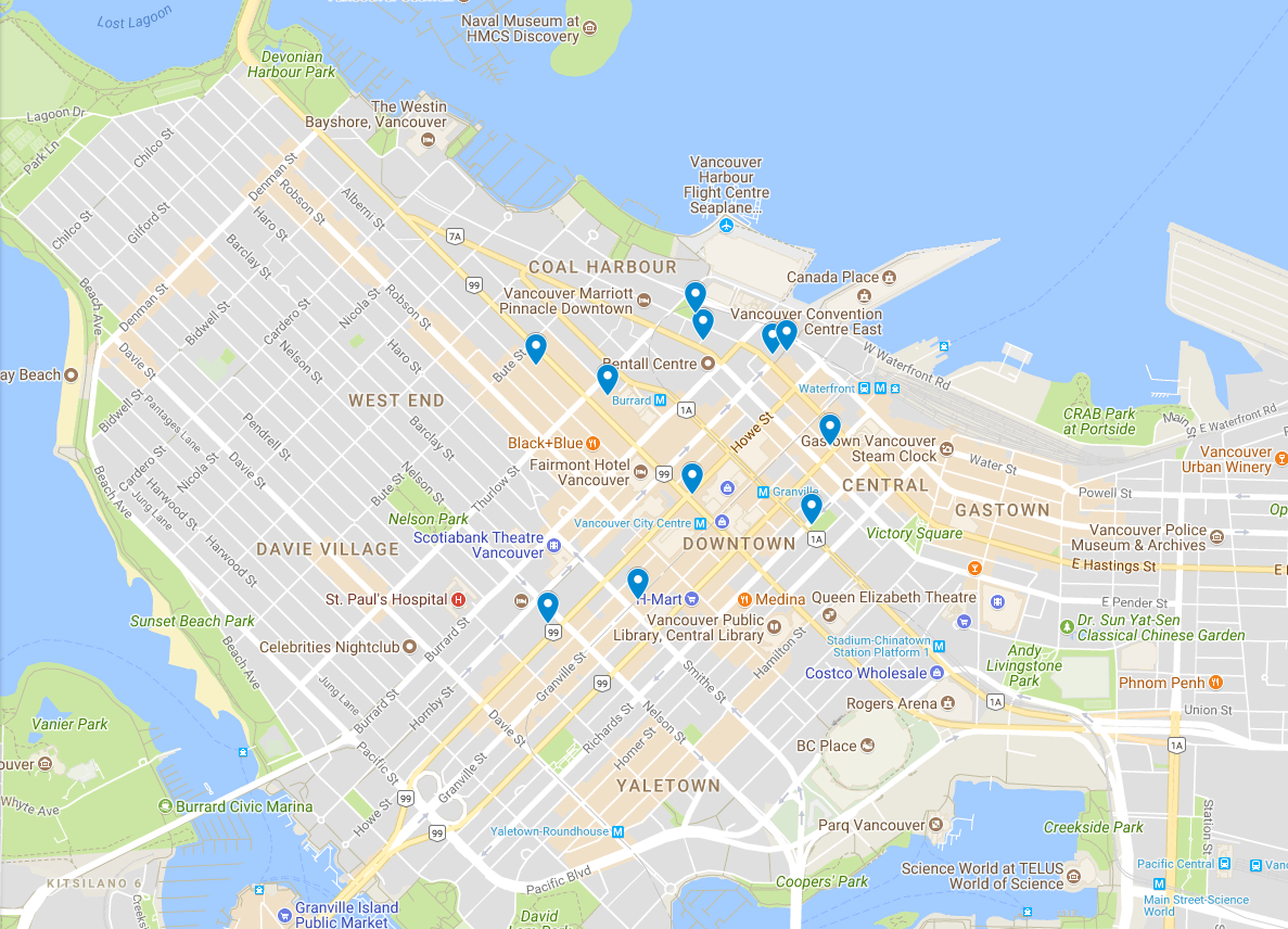 Free Little Library locations throughout downtown Vancouver
