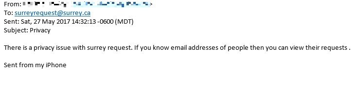 The email where a Surrey resident alerted the city to the problem.