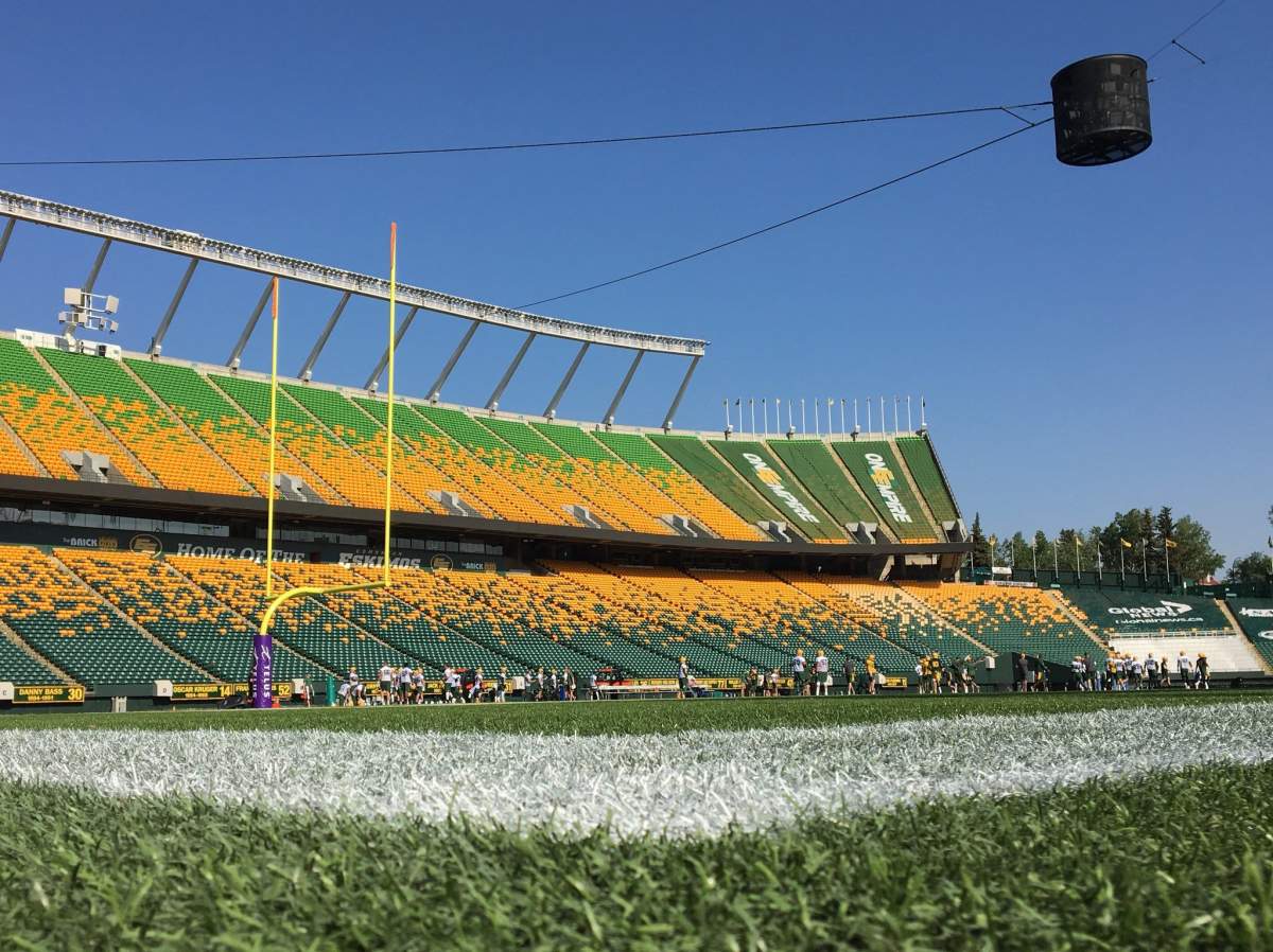 The Edmonton Eskimos football team on Day Five of training camp at Commonwealth Stadium in Edmonton, Alta. May 24, 2018.