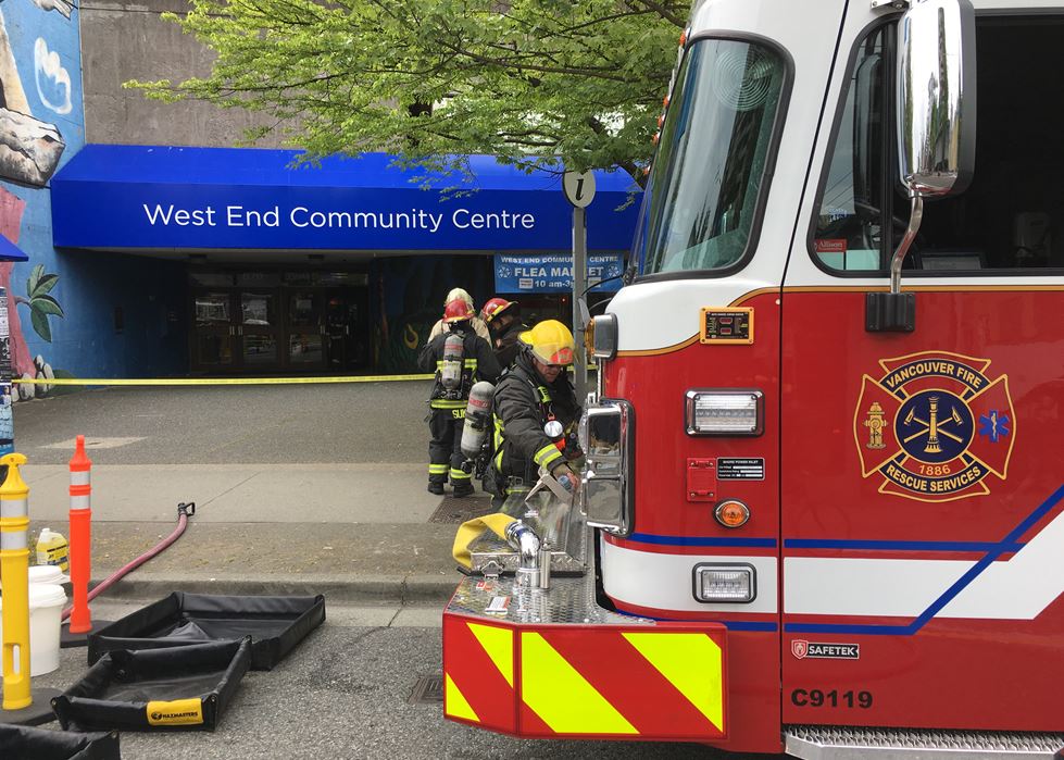 Firefighters arrive at the West End Community Centre on Friday, May 18, 2018.