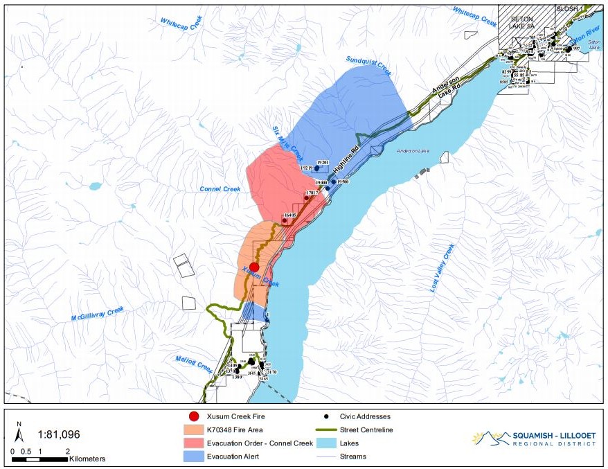 Evacuation orders and alerts due to the Xusum Creek wildfire.