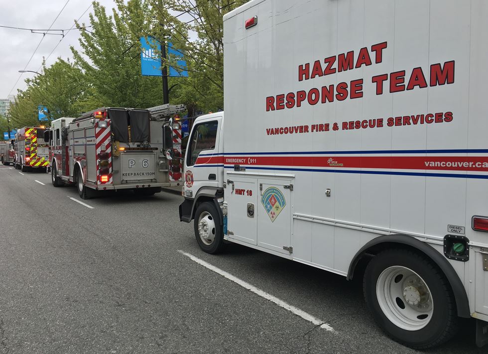 Vancouver Fire Rescue’s Hazmat team on site at the West End Community Centre. Credit: Sharron Bates / Global News