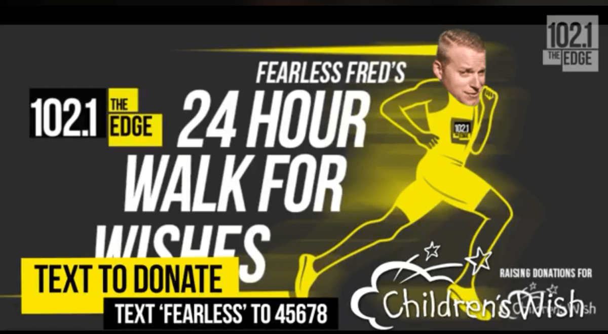 Fearless Fred, 102.1 the Edge host, commits to walking 24 hours straight for charity - image