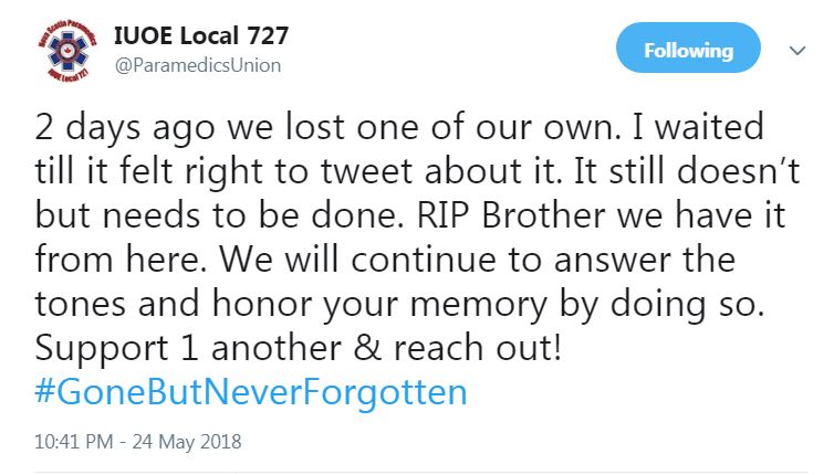 Nova Scotia paramedic community offers condolences over the death of veteran paramedic, Scott Barteaux.