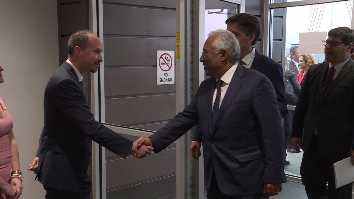 Portuguese Prime Minister Antonio Costa meets with Kingston Mayor Bryan Paterson at the grand opening of the 75,000-square-foot Frulact factory.