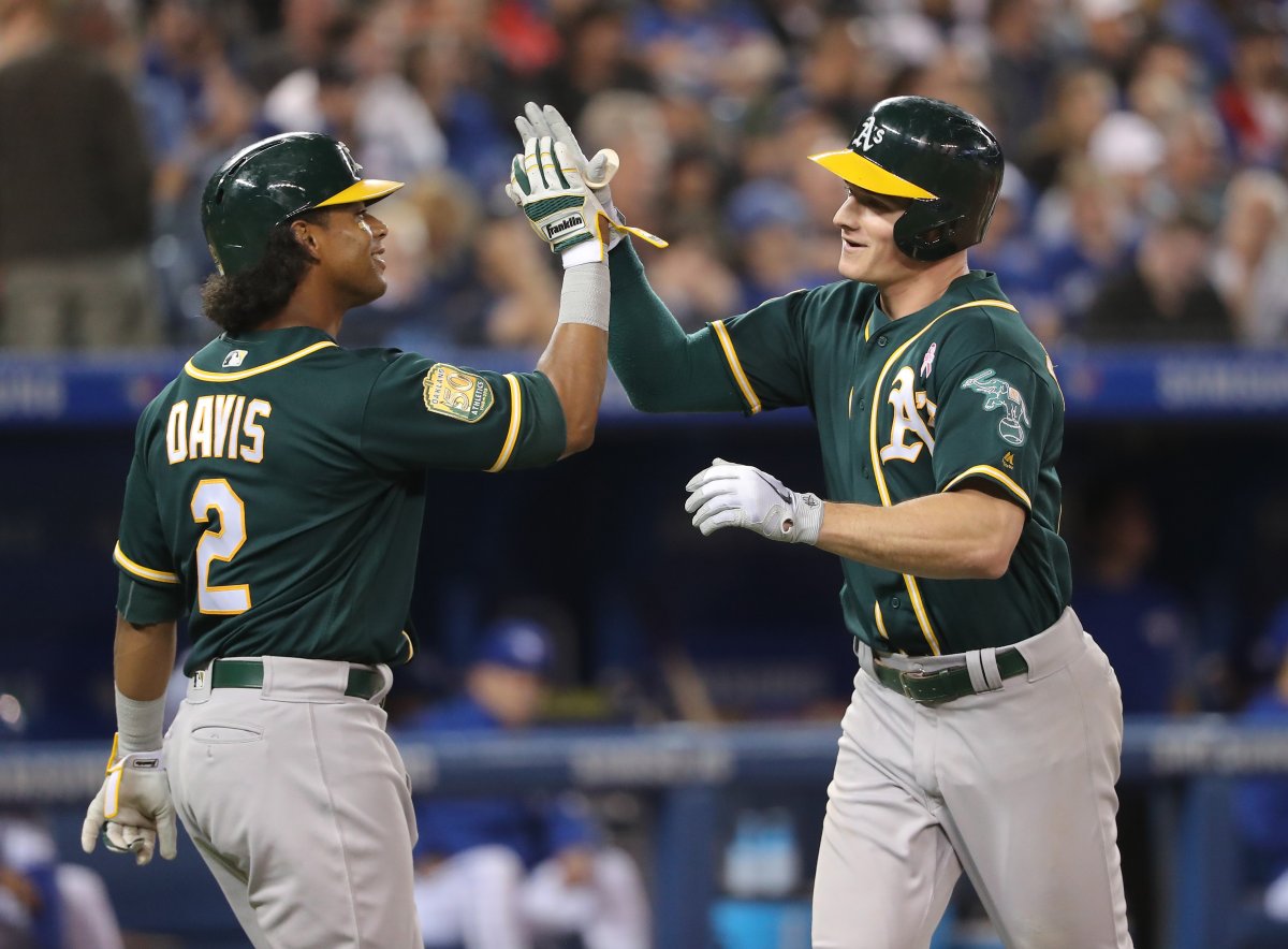 TORONTO, ON - MAY 17: Matt Chapman #26 of the Oakland Athletics is congratulated by Khris Davis #2 after hitting a two-run home run in the sixth inning during MLB game action against the Toronto Blue Jays at Rogers Centre on May 17, 2018 in Toronto, Canada. 
