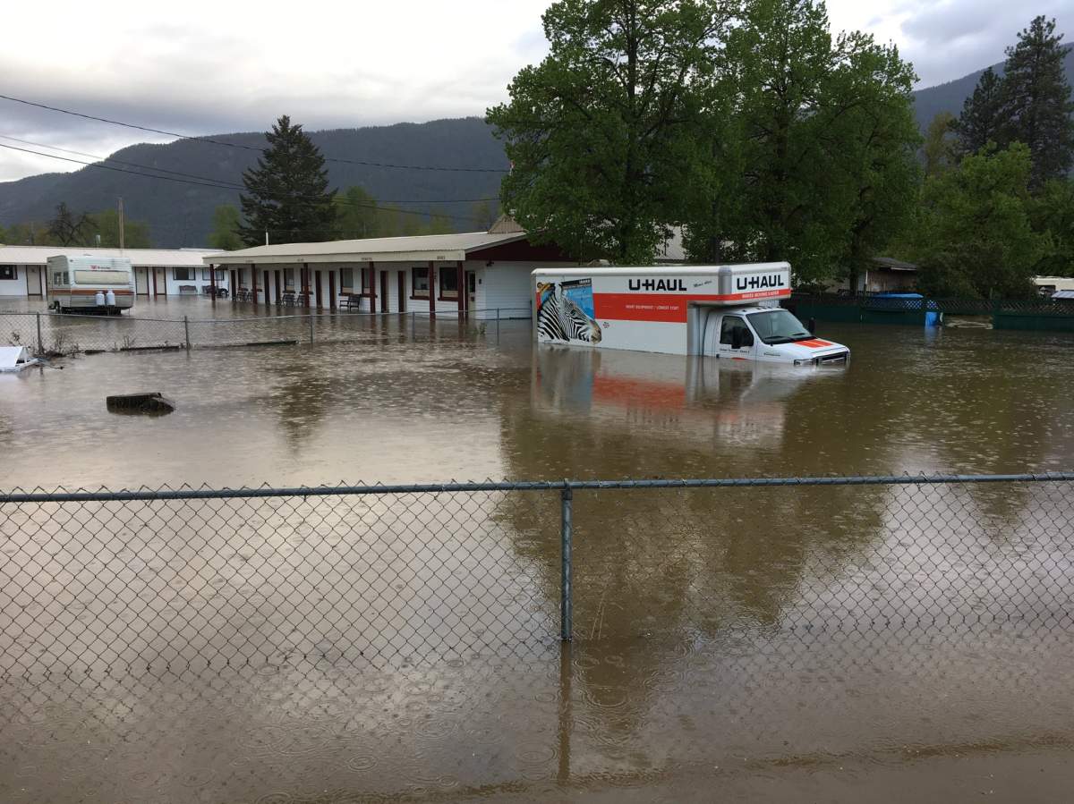 The water is past the door frames at this motel in Grand Forks on the Kettle River.
