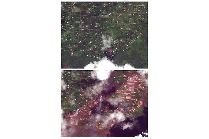 This combination of satellite images, provided by DigitalGlobe, shows the Leilani Estates subdivision by the Kilauea volcano near Pahoa, Hawaii on May 24, 2017, top, and May 14, 2018, bottom, after the recent volcanic activity.
