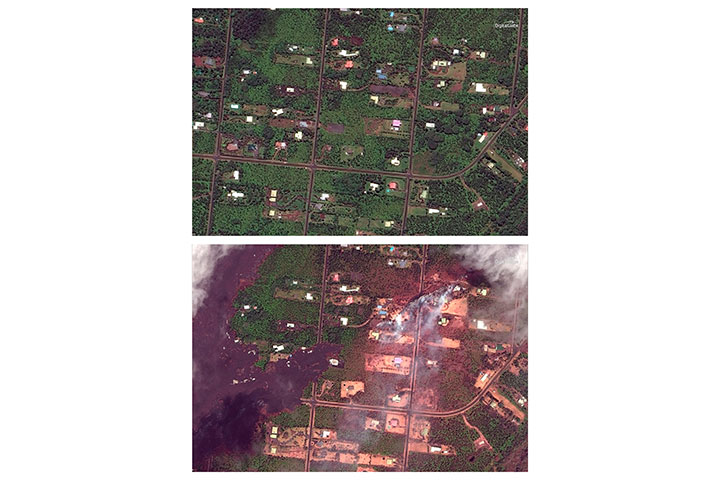 This combination of satellite images, provided by DigitalGlobe, shows an area by the Kilauea volcano near Pahoa, Hawaii on May 24, 2017, top, and May 14, 2018, bottom, after the recent volcanic activity.