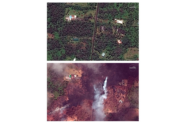 This combination of satellite images, provided by DigitalGlobe, shows an area by the Kilauea volcano near Pahoa, Hawaii on May 24, 2017, top, and May 14, 2018, bottom, after the recent volcanic activity.