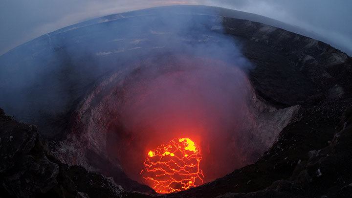 Kilauea volcano’s summit lava lake shows a significant drop of roughly 220 metres below the crater rim in this wide angle camera view showing the entire north portion of the Overlook crater in Hawaii, U.S. May 6, 2018.