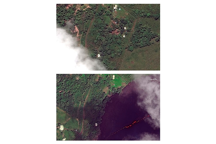 This combination of satellite images provided by DigitalGlobe shows an area by the Kilauea volcano near Pahoa, Hawaii on May 24, 2017, top, and May 14, 2018, bottom, after the recent volcanic activity.