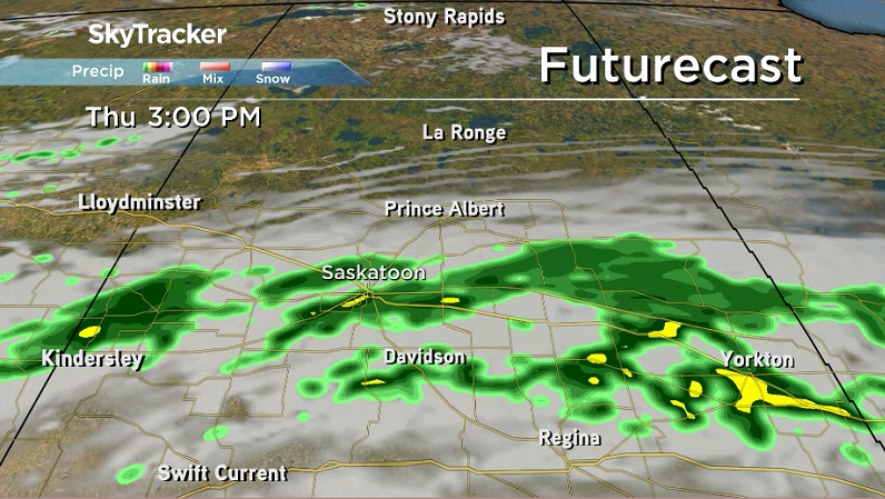 Heavier bands of rain are expected to swing through Saskatoon Thursday afternoon.