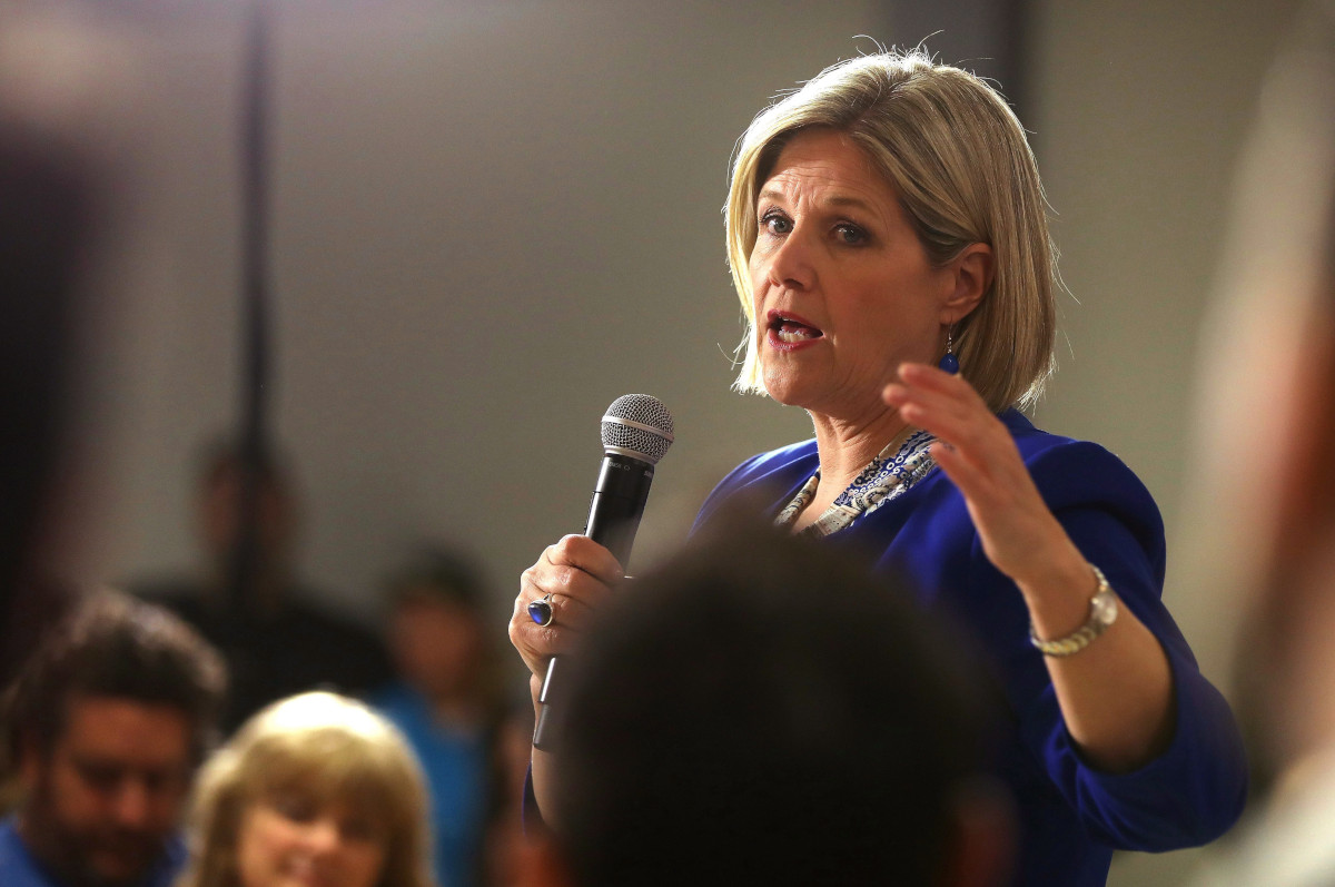 Ontario NDP Leader Andrea Horwath makes a point during a townhall on health care in Sarnia, Ont., on Monday, May 14, 2018. 